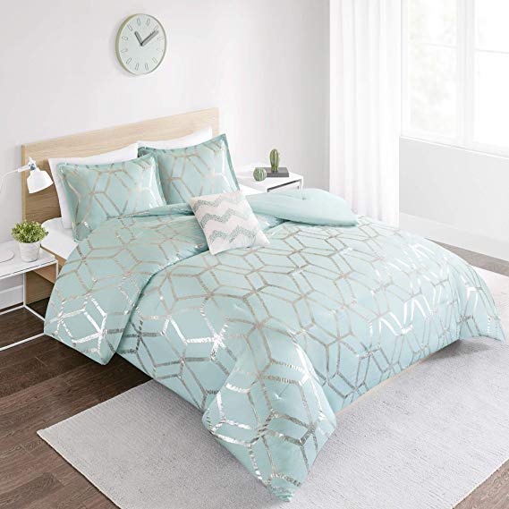 Comforter Set Twin Bedding Set - Vivian 3 Piece Aqua Blue/Silver - Geometric Metallic Print - Hypoallergenic Soft Microfiber Lightweight All Season Twin Comforter - Fits Twin/Twin XL