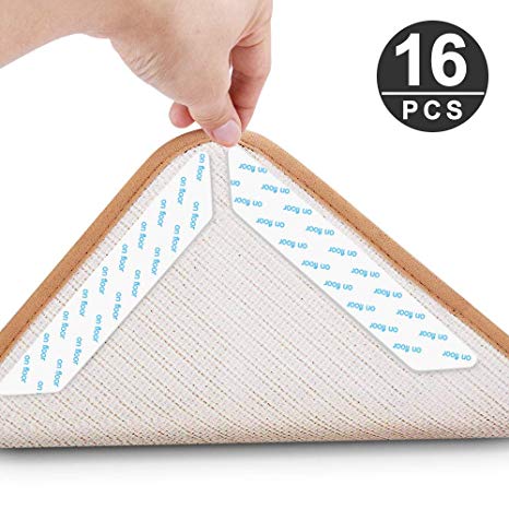 Rug Grippers, KOMAKE 16 Pcs Area Rug Gripper Pads Non Slip Rug Pad Anti Curling Rug Tape Washable Renewable Carpet Gripper Skid Tape for Hardwood Floors, Carpets, Area Rugs and Mats