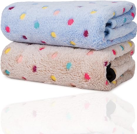 iNNEXT 2 Pack Puppy Blanket for Pet Cushion Small Dog Cat Bed Soft Warm Sleep Mat, Pet Dog Cat Puppy Kitten Soft Blanket Doggy Warm Bed Mat Paw Print (Polka Dots Blue/Camel)