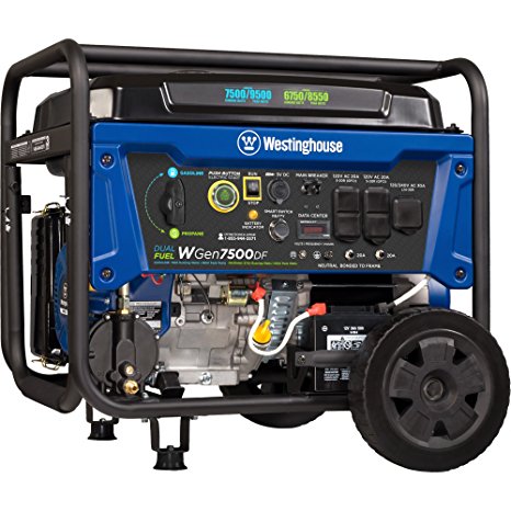 Westinghouse WGen7500DF Dual Fuel Portable Generator - 7500 Rated Watts & 9500 Peak Watts - Gas or Propane Powered - CARB Compliant