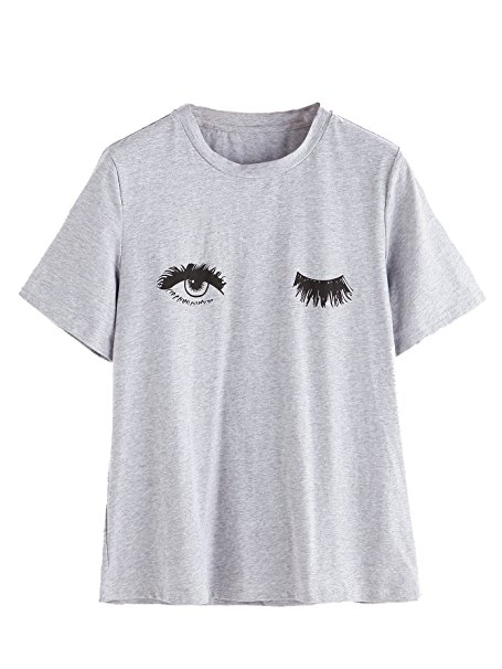 ROMWE Women's Tee Wink Eyes Print Graphic Short Sleeve Loose cute sweet T-shirt White