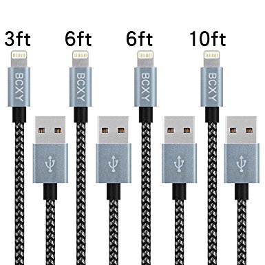 BCXY 4pcs 3ft/6ft/6ft/10ft Iphone cable,Nylon Braided Lightning Cable to USB Charger cable 8pin to USB data Cable for iPhone 7/7Plus,6/6Plus/6S,5/5S/SE,iPad/iPod Compatible with ios9 (Black Gray)