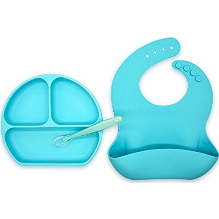 SiliKong Silicone Baby Feeding Set - Divided Suction Plate, Silicone Bib & Flexible Spoon, BPA Free, Microwave, Oven and Dishwasher Safe, For Kids, Toddlers and Babies, Baby Shower Gift (Blue Set)