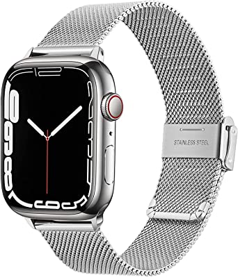 TRUMiRR Silver Band for Apple Watch 42mm 44mm 45mm 49mm Women Men, Mesh Woven Stainless Steel Watchband Replacement Strap for iWatch Apple Watch SE Ultra Series 8 7 6 5 4 3 2 1 42mm 44mm 45mm 49mm