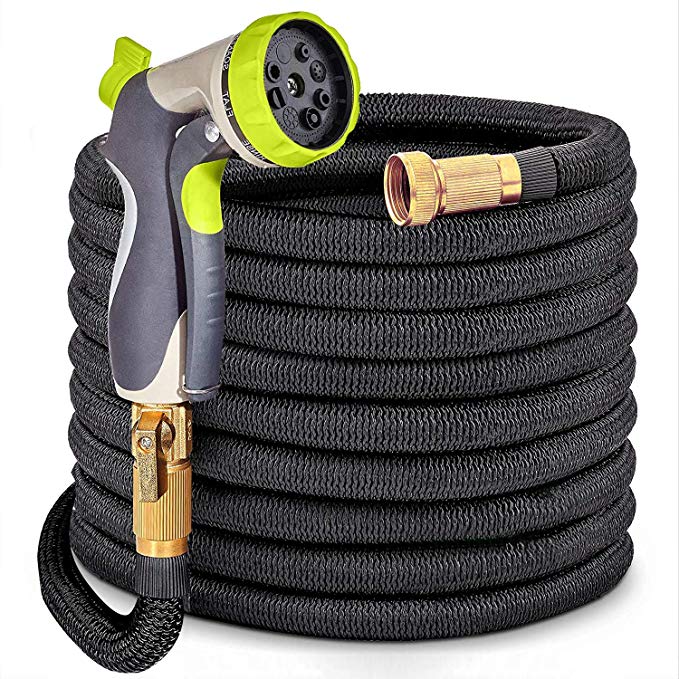 HYRIXDIRECT 50ft Garden Hose Lightweight Durable Flexible Water Hose with 3/4 Nozzle Solid Brass Connector and 8 Pattern High Pressure Water Spray Nozzle Expanding Hoses Up to 50 Feet (Black, 50)