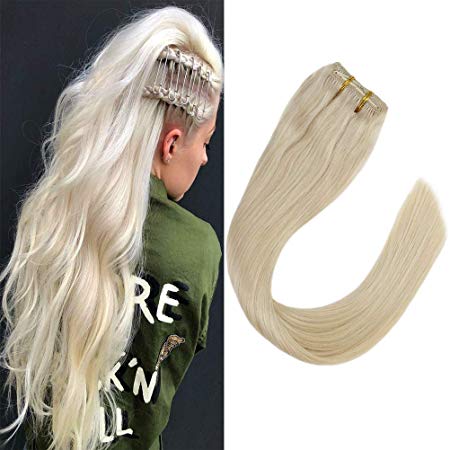 VeSunny Blonde Clip in Remy Hair Extensions Real Human Hair Platinum Blonde Silky Smooth Clip in Human Hair Extensions Full Head Set 12inch 7Pcs/120G