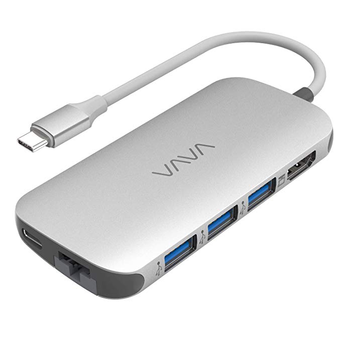 VAVA USB C Hub 8-in-1 Adapter PD Power Delivery, 1Gbps Ethernet Port, SD Card Reader, 4K USB C to HDMI, 3 USB 3.0 Ports MacBook Pro Type C Windows Laptops-Silver