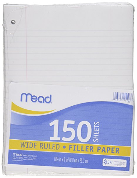 Mead Filler Paper, Loose Leaf Paper, Wide Ruled, 150 Sheets/Pack (15103)