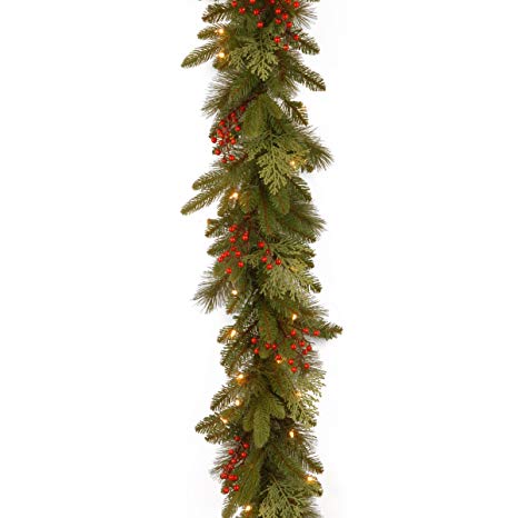 National Tree 9 Foot by 12 Inch Feel Real Classical Collection Garland with Cedar Leaves, Red Berries and 100 Clear Lights (PECC3-300-9B-1)