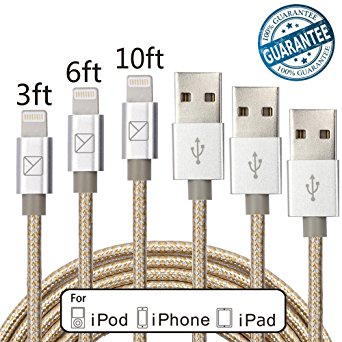 Aonsen 3Pack 3FT 6FT 10FT Charging Cable Cord Nylon Braided 8 Pin to USB Lightning Cable Charger Cord for iPhone 7/SE/5/5s/6/6s/6 Plus,iPad Air/Mini,iPod,Compatible with iOS10(Gold-Sliver)