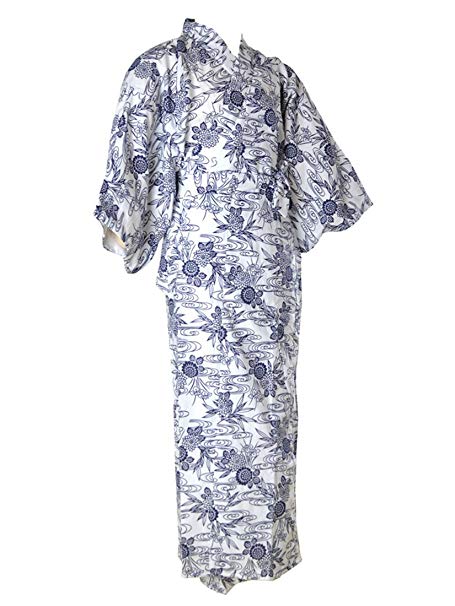 Non-Branded Women's Floral Cotton Gauze Japanese Classic Nemaki-Yukata-Bath Robe Navy