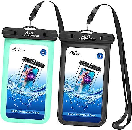 MoKo Waterproof Phone Pouch Holder 2Pack, Underwater Cellphone Case Dry Bag with Lanyard Armband Compatible with iPhone 14 13 12 11 Pro Max X/Xr/Xs/SE 3, Samsung S21/S10, Black Mint Green