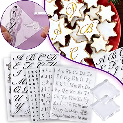 5 Pieces Alphabet Cake Stamp Tool Alphabet and Numbers Fondant Cake Mold Cake Cookie Stamp Mold Set with 2 Pieces Back Plate Reusable Transparent Letter, Easy to Clean