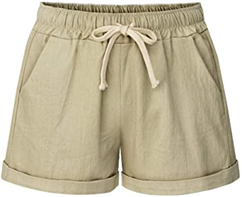 Vcansion Women's Casual Cotton Elastic Waist Drawstring Summer Beach Shorts with Pockets