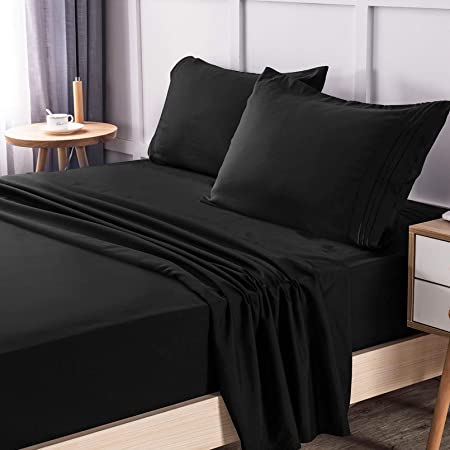 LIANLAM Twin XL 4 Piece Bed Sheets Set - Super Soft Brushed Microfiber 1800 Thread Count - Breathable Luxury Cooling Sheets Deep Pocket - Wrinkle and Fade Resistant - Hypoallergenic (Black, Twin XL)