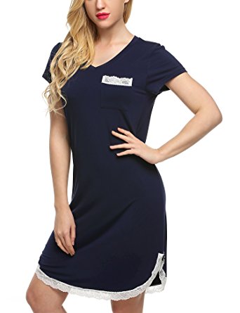 Ekouaer Sleep Shirt Womens Nightshirts Viscose V-Neck Short Sleeve Sleepwear (XS-XL)