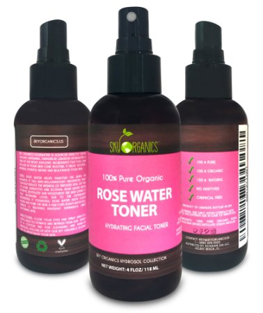 Organic Rose Water Toner by Sky Organics 4oz-100 Pure Organic Distilled Rosewater Toner For Face And Hair- Best Gentle Facial Cleanser -Preps Dry and Acne Prone Skin for Serums Moisturizers and Makeup