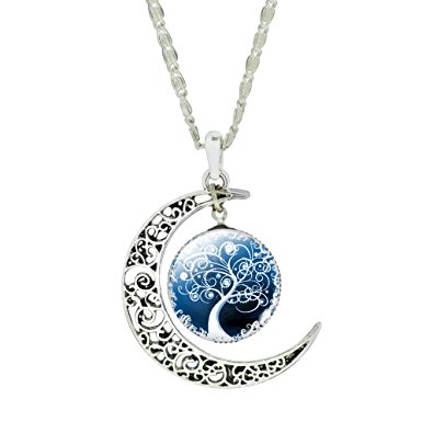 Jiayiqi Women Unique Design Carve Flower Crescent Moon Life Tree Glass Cabochon Pendant Chain Necklace
