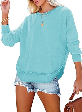 EVALESS Sweatshirt for Women Casual Solid Color Crewneck Long Sleeve Side Split Tunic Tops Loose Fit Pullover