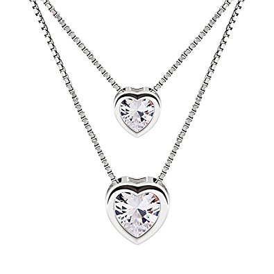 B.Catcher 925 Sterling Silver Cubic Zirconia Double Layer Heart Bead Chains Necklace