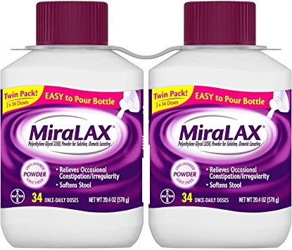 MiraLAX Powder Laxative, Twin Pack 2 Bottles x 34 Doses, 20.4 Ounces per Bottle - Total 68 Doses, 40.8 Ounces