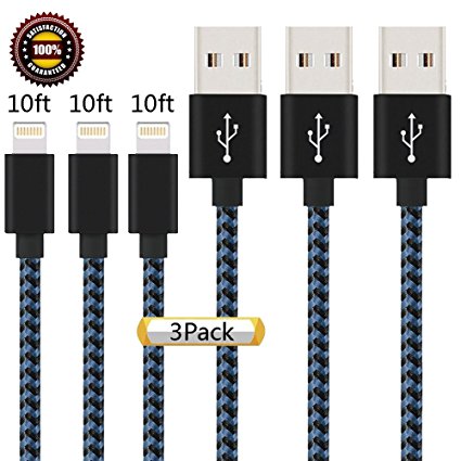 iPhone Charger Suanna - 3Pack 10FT Extra Long Nylon Braided Cord Lightning Cable Certified to USB Charging Cable for iPhone 7, 7 Plus, 6S, 6 , SE, 5S, 5, iPad Air/Mini, iPod Nano 7 - (Black Blue)