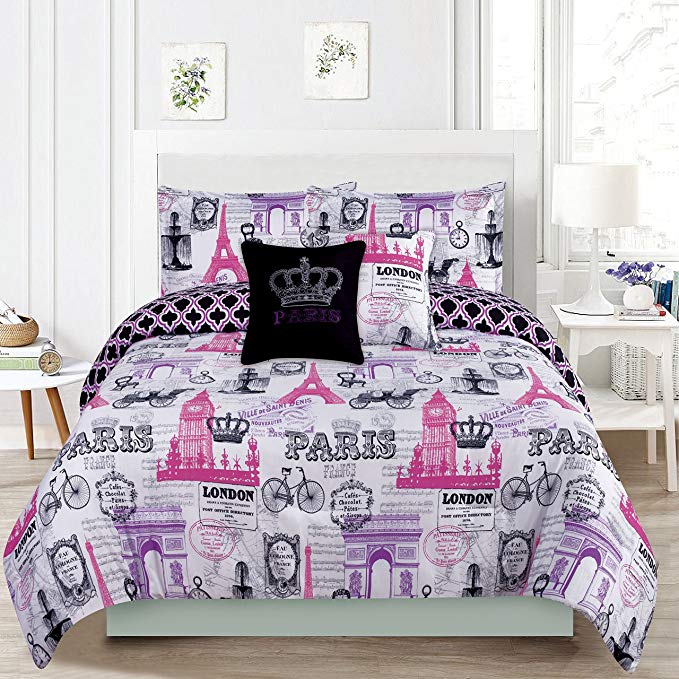 HowPlumb Bedding Twin 4 Piece Girls Comforter Bed Set, Paris Eiffel Tower London Pink and Purple
