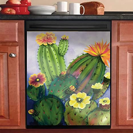 Yosa Cactus Magnet Oil Paninting Dishwasher Horticulture Cover Sticker Blooming Cactus Decor Kitchen Refrigerator Door Green Plant Panel Decal, 23x26inch( Magnetic )