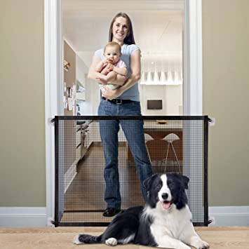 Baby Gate Pet Gate Magic Gate for Dogs, Queenii Safety Guard Gate Retractable Mesh Dog Gate, Portable Folding Child's Safety Gates Install Anywhere, Safety Fence for Hall Doorway Wide 45.16"-Black