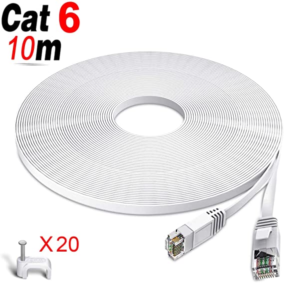 GLCON CAT6 Ethernet Cable 10m High Speed 250Mhz Flat Lan Patch Cable 1Gbps for PC/Switch/Router/Modem White