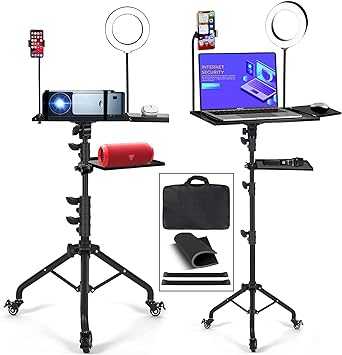 Asltoy Projector Stand Tripod with Wheels Adjustable Height,Laptop Tripod Stand with 2 Shelves Mouse Tray Phone Holder Projector Music Stand for Office, Home,Portable Laptop Floor Stand Tripod (With Ring Light)