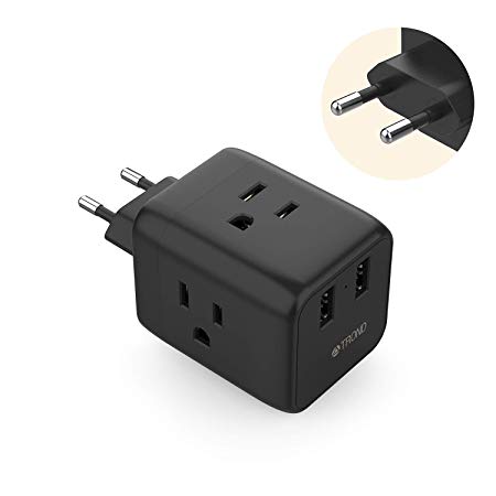 European Plug Adapter, TROND 5 in 1 Travel Adapter for European Outlets with 2 USB Ports and 3 American Outlets, for Germany France Italy Spain Greece Israel (Type C Plug, Black)