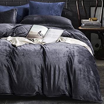 NTBAY Velvet Flannel Duvet Cover Set, 3 Pieces Zippered Comforter Cover Set, King, Charcoal Grey