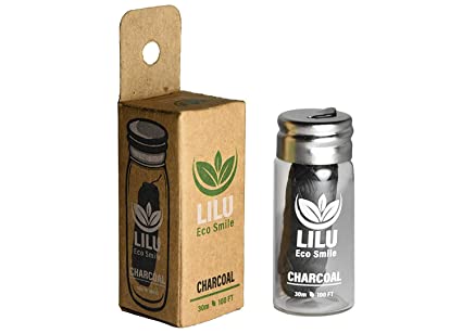 Organic Vegan Bamboo Charcoal Dental Floss in Reusable Glass Bottle | with Tea Tree and Peppermint Essential Oils | 100ft 33m Naturally Waxed | Eco-Friendly Zero Waste