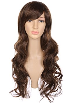 ACEVIVI Fashion Women Hair Wig Oblique Bangs Long Full Wavy Natural Silky Synthetic Wig Heat Resistant, Front Length: 18cm/ 7.02 inch, Back Length: 67cm/ 26.13 inch, Light Brown