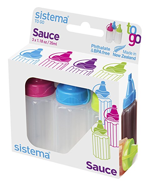 Sistema To Go Collection Sauce Container/Squeeze Bottle, 1.1 Ounce each, Assorted Colors, Set of 3