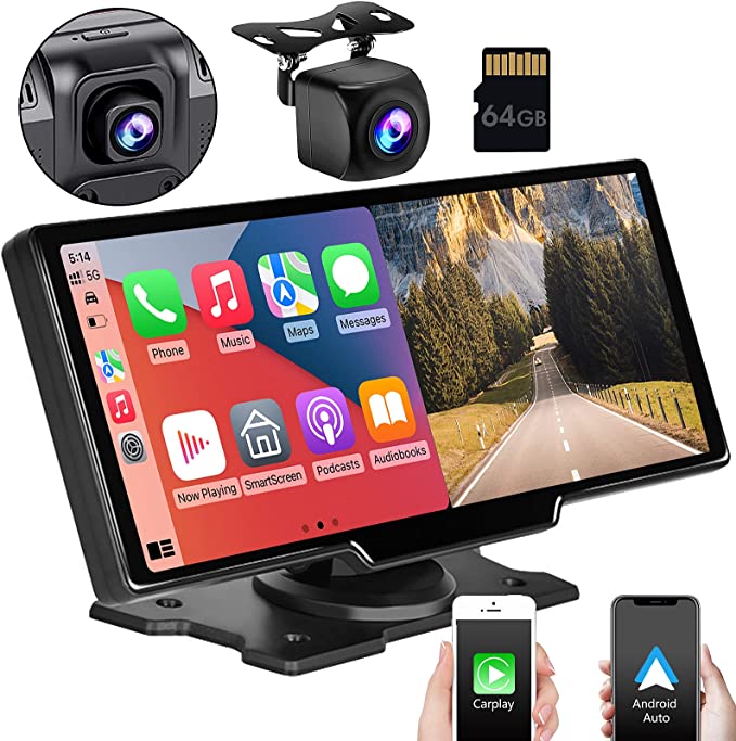 Portable Car Stereo with Wireless Carplay, Android Auto, Dash Cam, Backup Camera, 64G TF-Card, Dual Screen, 9.3 Inch HD IPS Touchscreen, On-Dash Mounted Car Radio Receiver Supports All Cars Trucks