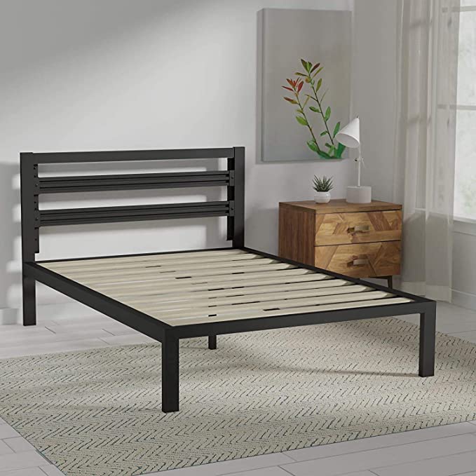 AmazonBasics Metal Bed with Modern Industrial Design Headboard - 14 Inch Height for Under-Bed Storage - Wood Slats - Easy Assemble, Full