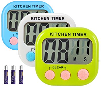 Great Polly 3 Pack Digital Kitchen Timer Cooking Timers Clock with Alarm Magnetic Back and Stand, Minute Second Count Up Countdown, Large LCD Display Batteries Included