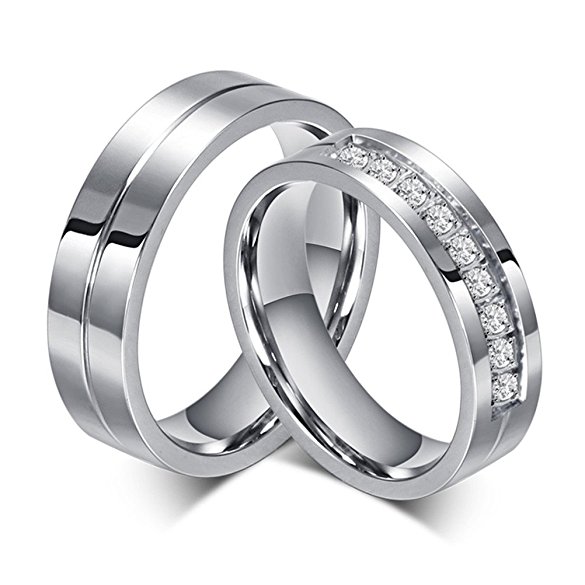 OAKKY Men's Women's Stainless Steel Micro-insert Diamond Couples Promise Engagement Rings