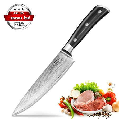 Damascus Chef Knife, 8-inch Kitchen Knife, AUS10V Japanese High Carbon Stainless Steel with Razor Sharp Blade/Gift Sheath