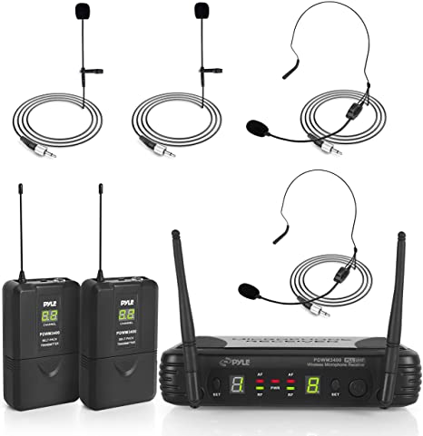 Pyle 2 Channel Wireless Microphone System - Portable UHF Digital Audio Mic Set with 2 Headset, 2 Lavalier lapel, 2 Transmitter, ¼’’ cable, power adapter - For Karaoke, PA, DJ, - PDWM3400