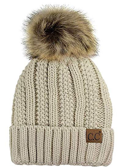 BYSUMMER Cable Knit Beanie with Faux Fur Pom - Warm, Soft, Thick Beanie Hats for Women & Men