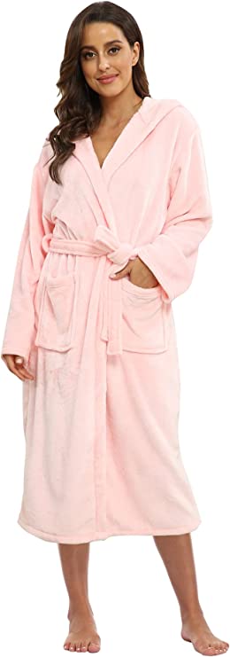 Women's Plush Hooded Bathrobe Winter Warm Robes Soft Fleece Long Robe Luxury Dressing Gown