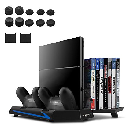[Upgraded Version] Younik PS4 Vertical Stand Cooling Fan, Dual Controllers Charging Station, 14 Slots Game Storage and 3 Port USB Hub. The All-in-One Stand for PS4 ONLY