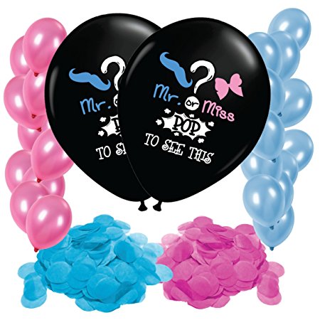 Gender Reveal Balloon Confetti Decoration - 2x Jumbo 36inch Balloons - Great for Baby Shower and Gender Reveal Party Supplies - Includes PINK and BLUE Confetti - 10 Blue and 10 Pink 12inch balloons