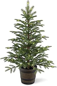 National Tree Company 'Feel Real' Pre-lit Artificial Tree For Entrances and Christmas | Includes Pre-Strung White Lights and a Whiskey Barrel Pot | Norwegian Spruce - 4 ft