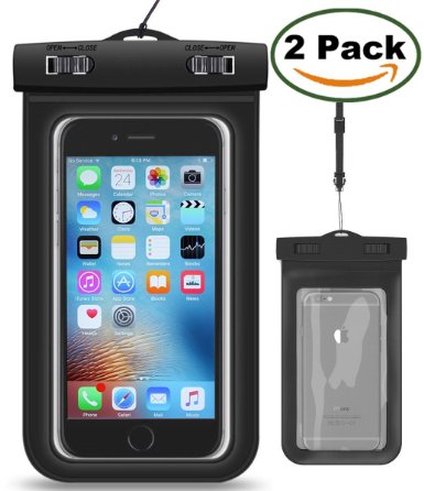 [2 Pack] MaxTeck Universal Waterproof Case Pouch CellPhone Dry Bag for Apple iPhone 6S 6,6S Plus, SE 5S, Samsung Galaxy S7 Edge, S6 Note 5 4 3, HTC LG up to 6.0" diagonal - Wakeboarqding Bags - Black