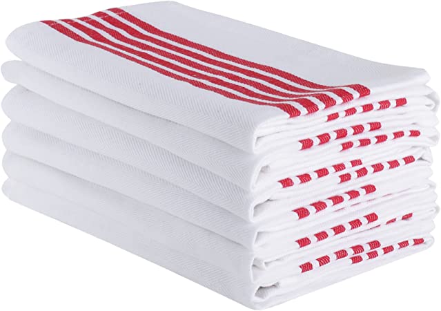 The Weaver's Blend Set of 6 Kitchen Towels, Stripe Design, 100% Cotton, Absorbent, Size 28”x18”, Red Stripe,Kitchen Towels and Dish Cloths