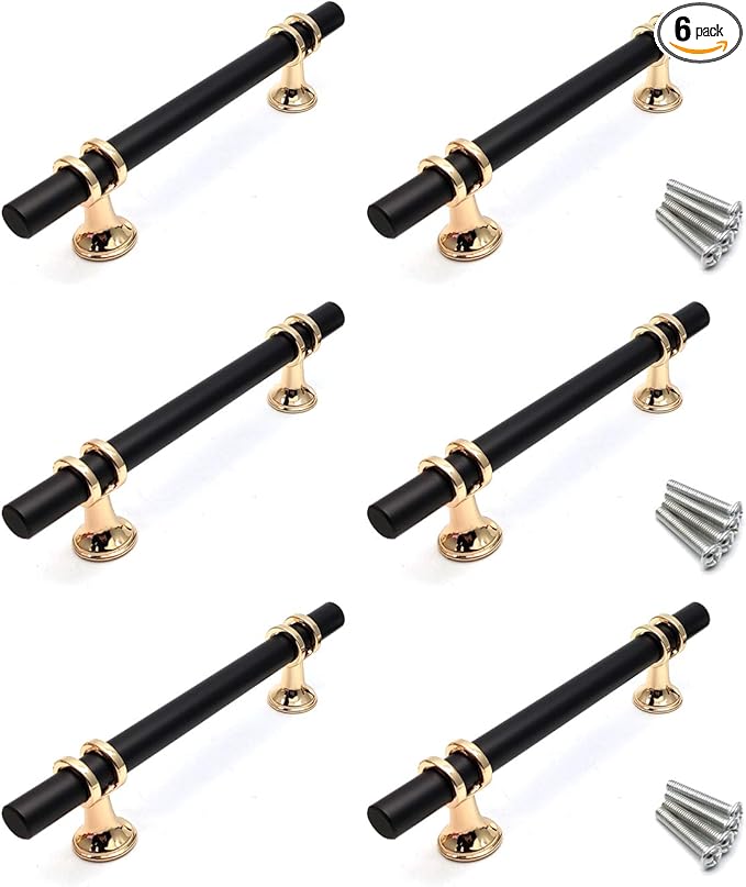 Kitchen Drawer Pulls,6-Pack Handle Pulls for Cabinets 3.8" Hole Centers(C to C) T Handle Drawer Pull Zinc Alloy with Screws Black Gold Drawer Handles